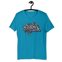 Load image into Gallery viewer, Aqua Blue Short Sleeve T-Shirt with Grey Bitcoin Design in Graffiti Lettering on Front