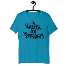 Load image into Gallery viewer, Aqua Blue Short Sleeve T-Shirt With Hecho EN San Diego Written On The Front In Graffiti