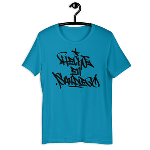 Aqua Blue Short Sleeve T-Shirt With Hecho EN San Diego Written On The Front In Graffiti