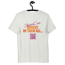 Load image into Gallery viewer, Ash Short Sleeve T-Shirt with Stripper Coin - Sexiest of Them All design on the back printed in pink and orange along with qr code.