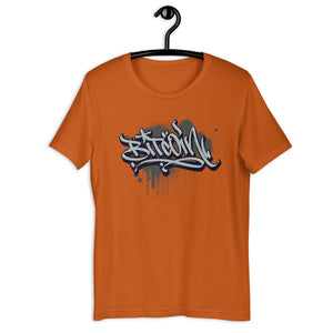 Autumn Short Sleeve T-Shirt with Grey Bitcoin Design in Graffiti Lettering on Front