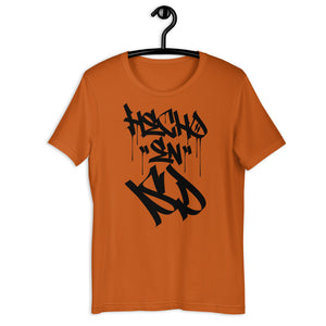 Orange Unisex T-Shirt With Hecho En SD  Written In Graffiti  Handstyles