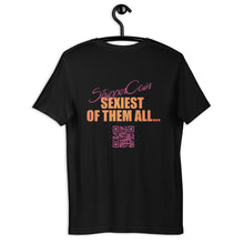 Load image into Gallery viewer, Black Short Sleeve T-Shirt with Stripper Coin - Sexiest of Them All design on the back printed in pink and orange along with qr code.
