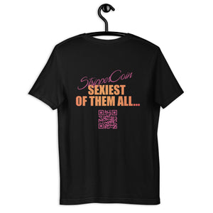Black Short Sleeve T-Shirt with Stripper Coin - Sexiest of Them All design on the back printed in pink and orange along with qr code.