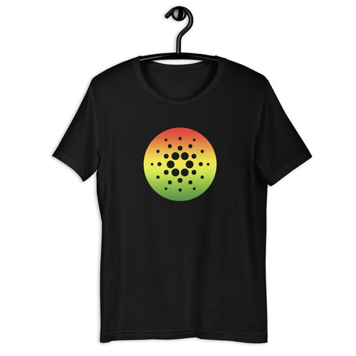 Black Short Sleeve T-Shirt With Red, Yellow, And Green Cardano Starburst