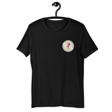Load image into Gallery viewer, Black Short Sleeve T-Shirt with silver Stripper Coin logo design on left front breast