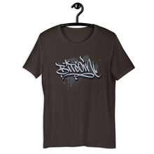 Load image into Gallery viewer, Brown Short Sleeve T-Shirt with Grey Bitcoin Design in Graffiti Lettering on Front