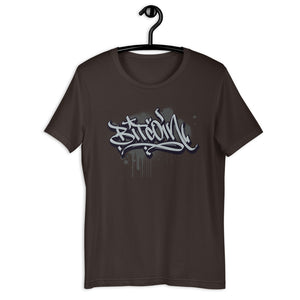 Brown Short Sleeve T-Shirt with Grey Bitcoin Design in Graffiti Lettering on Front