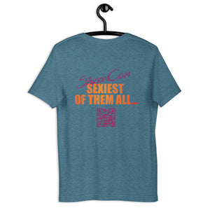Deep Teal Short Sleeve T-Shirt with Stripper Coin - Sexiest of Them All design on the back printed in pink and orange along with qr code.