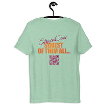 Load image into Gallery viewer, Mint Short Sleeve T-Shirt with Stripper Coin - Sexiest of Them All design on the back printed in pink and orange along with qr code.
