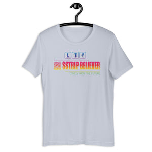Light Blue Short Sleeve T-Shirt with rainbow Strip Believer design on front