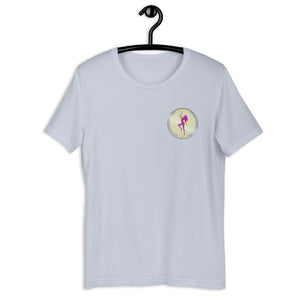 Light Blue Short Sleeve T-Shirt with silver Stripper Coin logo design on left front breast