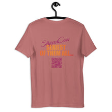 Load image into Gallery viewer, Mauve Short Sleeve T-Shirt with Stripper Coin - Sexiest of Them All design on the back printed in pink and orange along with qr code.