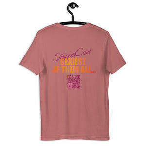 Mauve Short Sleeve T-Shirt with Stripper Coin - Sexiest of Them All design on the back printed in pink and orange along with qr code.