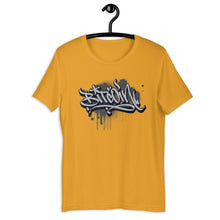 Load image into Gallery viewer, Mustard Short Sleeve T-Shirt with Grey Bitcoin Design in Graffiti Lettering on Front