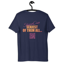 Load image into Gallery viewer, Navy Blue Short Sleeve T-Shirt with Stripper Coin - Sexiest of Them All design on the back printed in pink and orange along with qr code.