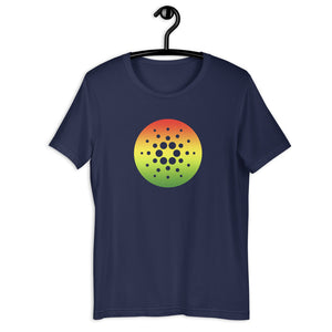 Navy Blue Short Sleeve T-Shirt With Red, Yellow, And Green Cardano Starburst
