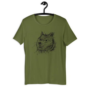 Olive Short Sleeve T-Shirt With Doge Dog on front in Scribble design