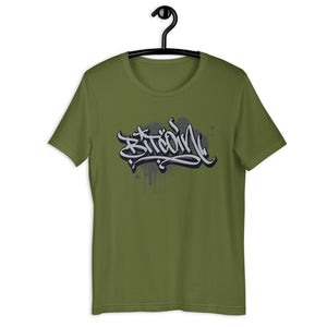 Olive Short Sleeve T-Shirt with Grey Bitcoin Design in Graffiti Lettering on Front