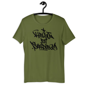 Olive Green Short Sleeve T-Shirt With Hecho EN San Diego Written On The Front In Graffiti