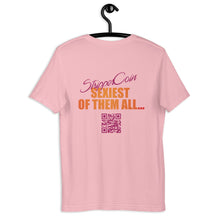 Load image into Gallery viewer, Pink Short Sleeve T-Shirt with Stripper Coin - Sexiest of Them All design on the back printed in pink and orange along with qr code.