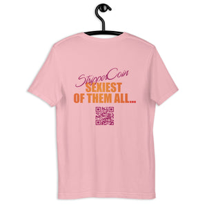 Pink Short Sleeve T-Shirt with Stripper Coin - Sexiest of Them All design on the back printed in pink and orange along with qr code.