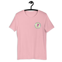 Load image into Gallery viewer, Pink Short Sleeve T-Shirt with silver Stripper Coin logo design on left front breast
