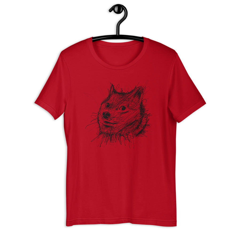 Red Short Sleeve T-Shirt With Doge Dog on front in Scribble design
