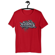 Load image into Gallery viewer, Red Short Sleeve T-Shirt with Grey Bitcoin Design in Graffiti Lettering on Front