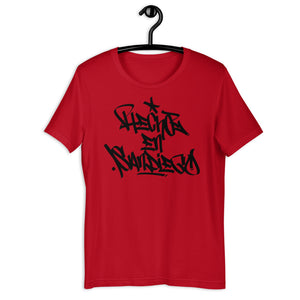 Red Short Sleeve T-Shirt With Hecho EN San Diego Written On The Front In Graffiti