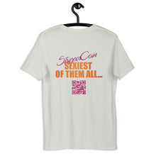 Load image into Gallery viewer, Silver Short Sleeve T-Shirt with Stripper Coin - Sexiest of Them All design on the back printed in pink and orange along with qr code.
