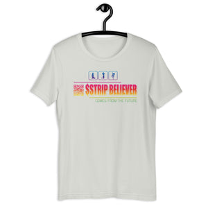 Silver Short Sleeve T-Shirt with rainbow Strip Believer design on front