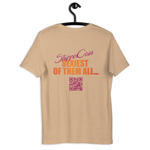 Tan Short Sleeve T-Shirt with Stripper Coin - Sexiest of Them All design on the back printed in pink and orange along with qr code.