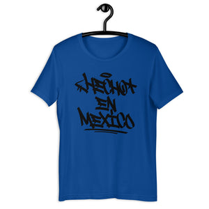 Royal Blue Short Sleeve T-Shirt with Hecho En Mexico written in graffiti handstyle