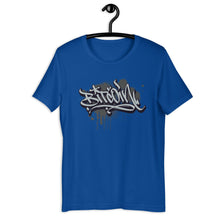 Load image into Gallery viewer, Royal Blue Short Sleeve T-Shirt with Grey Bitcoin Design in Graffiti Lettering on Front