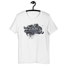 Load image into Gallery viewer, White Short Sleeve T-Shirt with Grey Bitcoin Design in Graffiti Lettering on Front