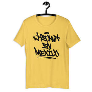 Yellow Short Sleeve T-Shirt with Hecho En Mexico written in graffiti handstyle