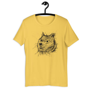 Yellow Short Sleeve T-Shirt With Doge Dog on front in Scribble design