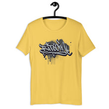 Load image into Gallery viewer, Yellow Short Sleeve T-Shirt with Grey Bitcoin Design in Graffiti Lettering on Front