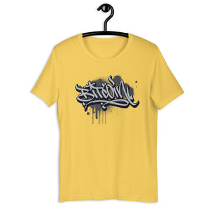 Yellow Short Sleeve T-Shirt with Grey Bitcoin Design in Graffiti Lettering on Front