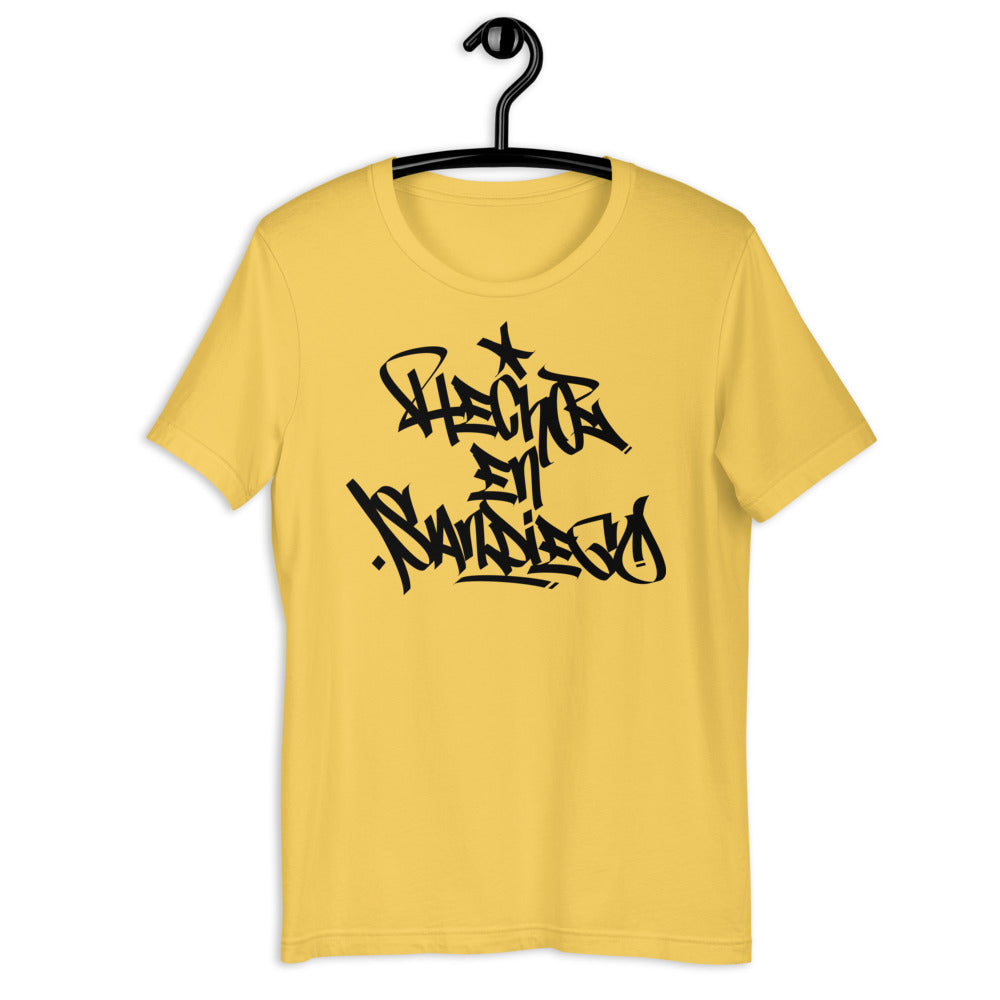White shirt with yellow writing cheap